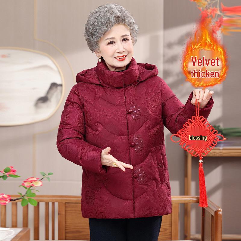 Red Spring Festival Winter Jacket for Mothers – Stylish, Warm, Cotton-Padded Outerwear for Middle-Aged and Elderly