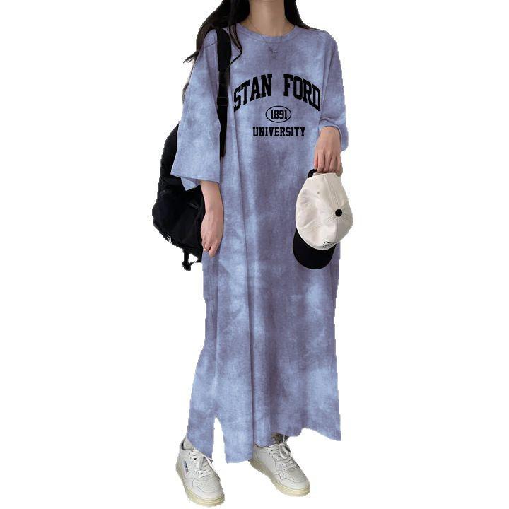 Women's 2024 Summer Tie-Dye T-Shirt Dress: New Loose Fit, Casual Print, Mid-Length Straight Skirt