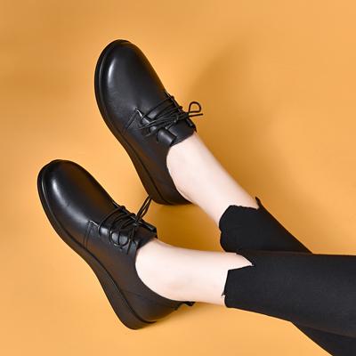 Round Head Small Leather Shoes Women's 2025 Spring New First-layer Cowhide Lace-up Flat Shoes Single Shoes Four-season Shoes Entity