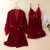 New Autumn Velvet Pajamas Two-piece Robe Set Feminine Lace See-through Robe Bathrobe Casual Velvet Home Clothes