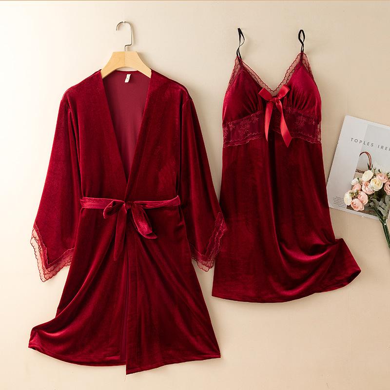 New Autumn Velvet Pajamas Two-piece Robe Set Feminine Lace See-through Robe Bathrobe Casual Velvet Home Clothes