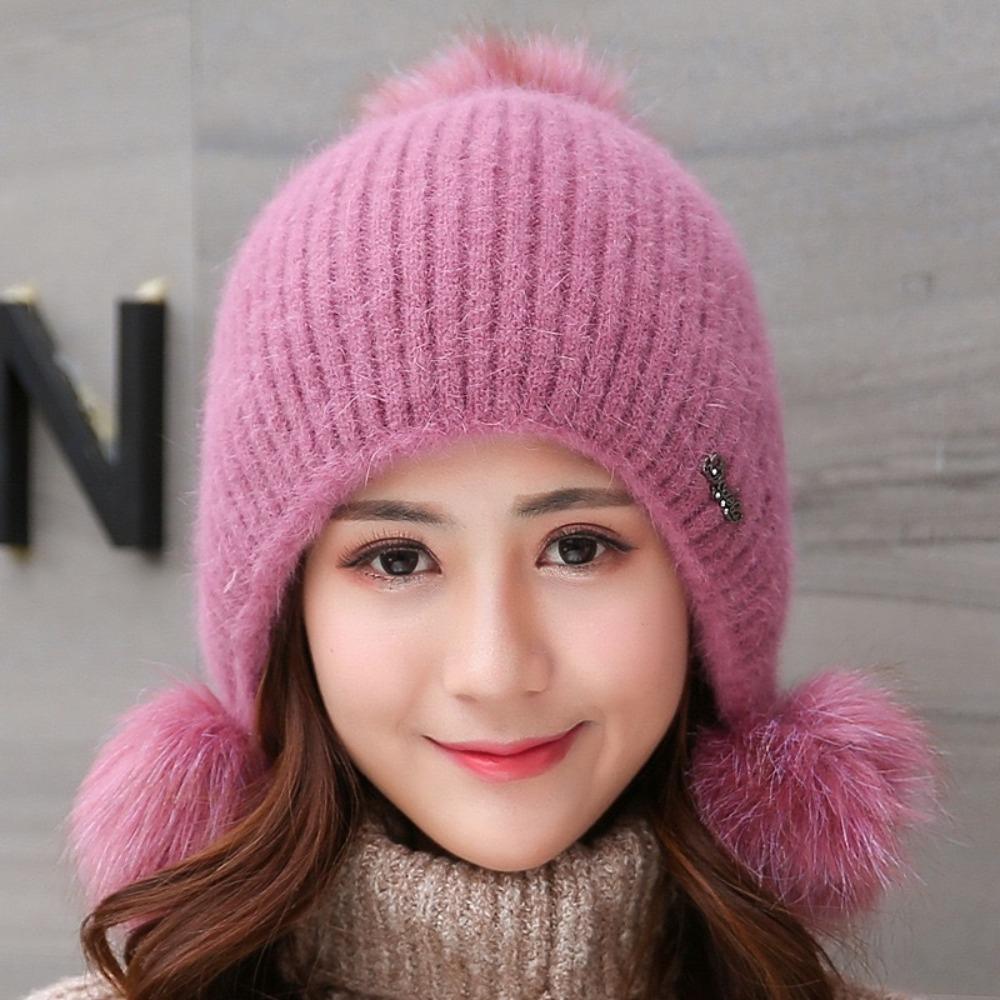 Breathable Warm Knitted Hat Ear Protection Pullover Hat Fur Pompom Beanies Hat  Apparel Accessories розовый