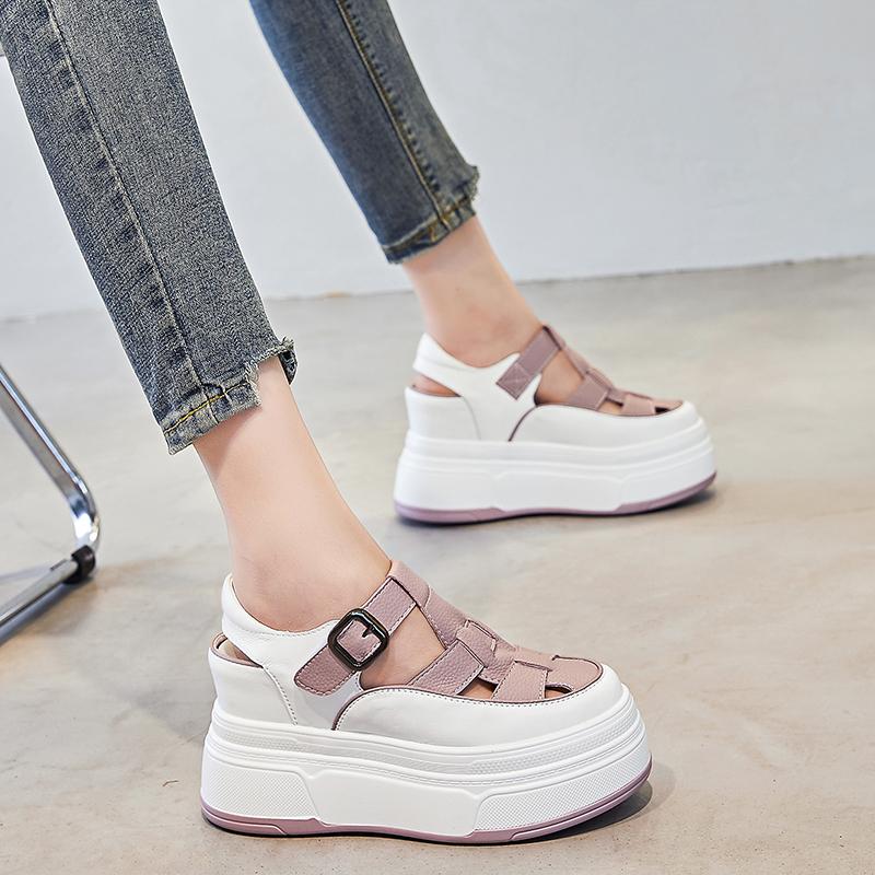 Fashion 7cm Hollow Genuine Leather Breathable Sandals Summer 2024 Women Casual Shoes Platform Wedge Chunky Sneakers Shoes Flats Leisure