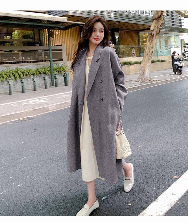 2025 New Pink Women's Double-Faced Wool Coat - Korean Style, Mid-Length for Autumn/Winter