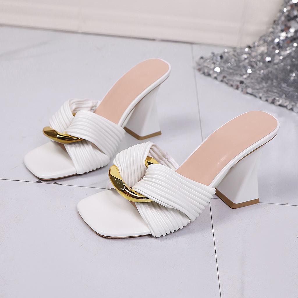 2025 summer new one-word with metal buckle thick heel cool slippers women's square head open-toed high-heeled fashion slippers foreign trade