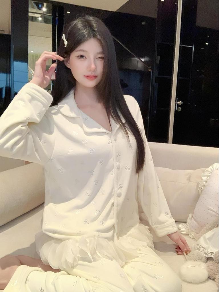 Women's Sea Island Cotton Pajamas - Long-Sleeve Lace Loose Fit Plus Size Student Loungewear