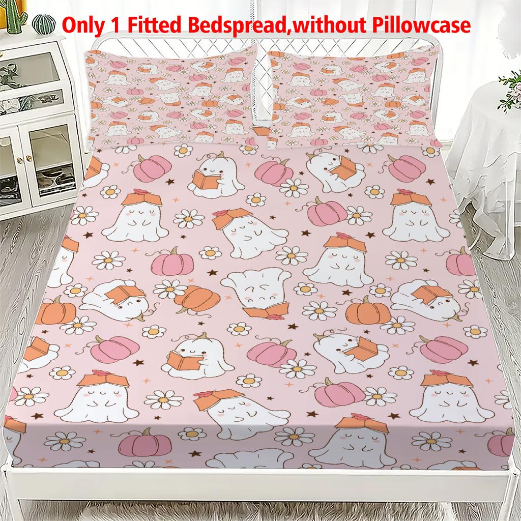 1pcs Ghost Pink Pumpkin Fitted Sheet Bedroom Halloween Theme Digital Printed 100% Polyester Cozy Bed Cover (No Pillowcase)
