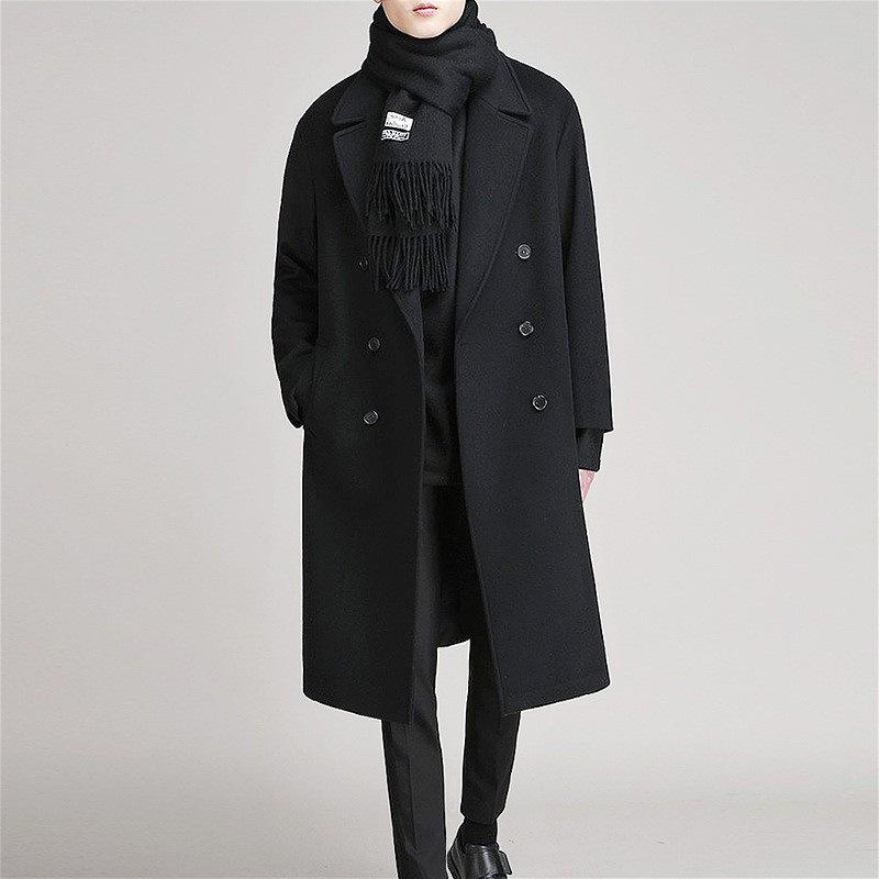 Men Korean Style Over Knee Thickened Woolen Coat Winter Casual Outerwear
