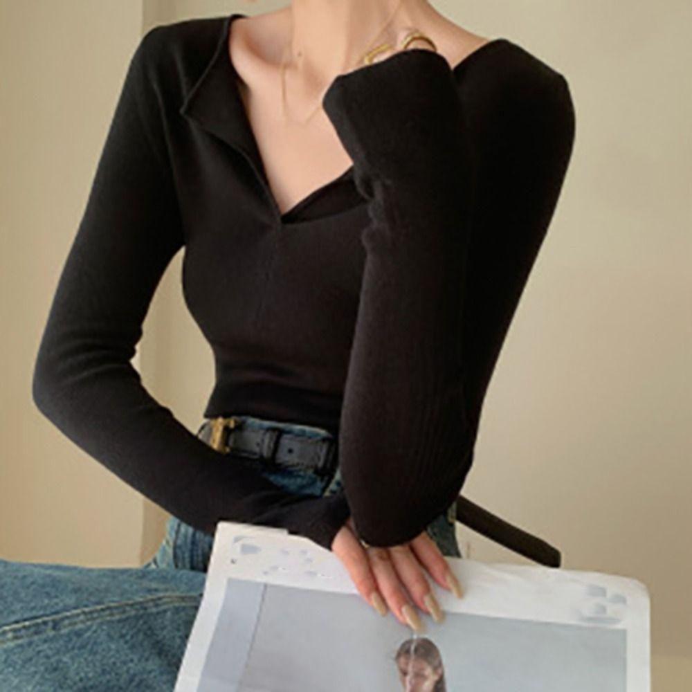 

V-Neck Long Sleeve Pullover Ins Slim T Shirts Stylish Bottoming Shirt Spring