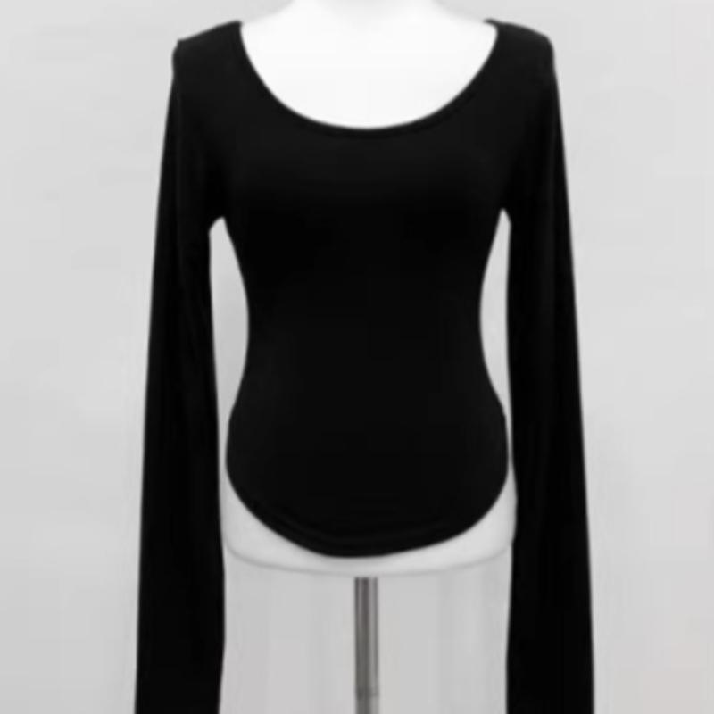 Fashion Long Sleeve Round Neck Casual T-shirt Women Elegant Spring and Winter Slim Fit Woman Tshirts Solid Base Thin Office Ladies Crop Tee Tops 26003