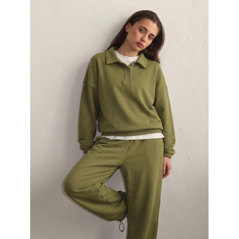 2026 Womens 2-Piece Casual Set Long Sleeve Polo Top Wide Leg Pants Sportswear