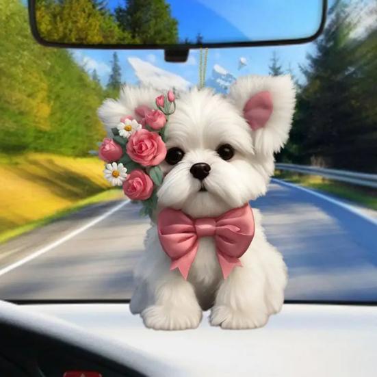 Cute Cat Dog Rose Pendants 2D Acrylic Keychain Novel Pet Themed Charm for Car Mirror Bag Home Festive Decoration