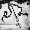 Gothic Victoria Hollowed-out Inverted Cross Five-pointed Star Imprint Black Bead Chain Necklace for Women Halloween Jewelry Gift
