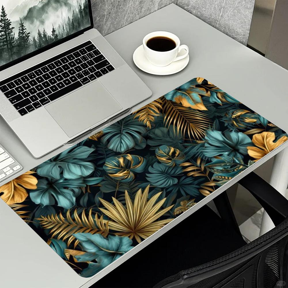 Desk Mat Vintage Golden Tropical Jungle Leaf Print Stitched Edge Anti‑Slip Rubber Base for Gaming Working Home Office Table Use
