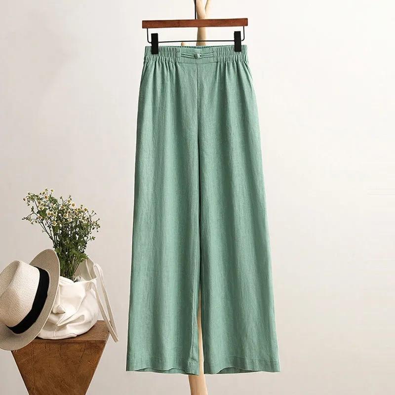 Women Fashion Casual Baggy Long Pants Wide Leg Elastic Waist Cotton Linen Flare Yoga Trousers Plus Size