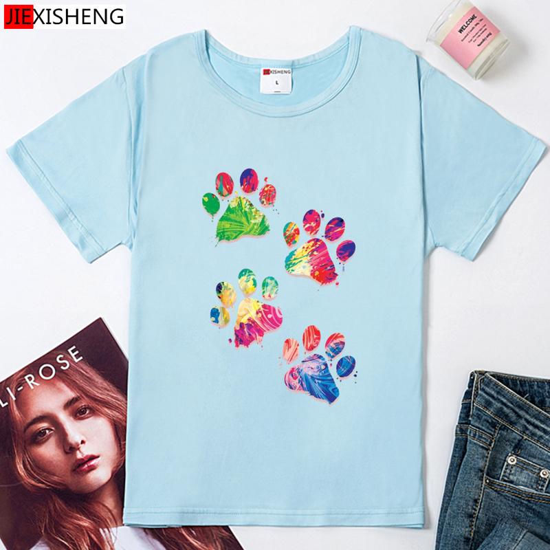 Cartoons Fußabdruck Print Damen T-Shirts Sommer Locker Ärmel O-Ausschnitt T-Shirt Tops 5 Farben Damen T-Shirt