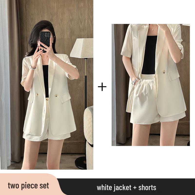 2025 Women's Summer White Blazer & Short Sleeve Suit Set - Plus Size, High-End, Fashionably Loose Fit