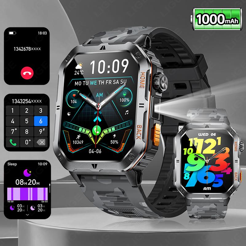 Men Smart Watch For Android IOS 1000mAh Flashlight 3ATM Waterproof Fitness Watches Voice Bluetooth Call 2.01" HD Smartwatch