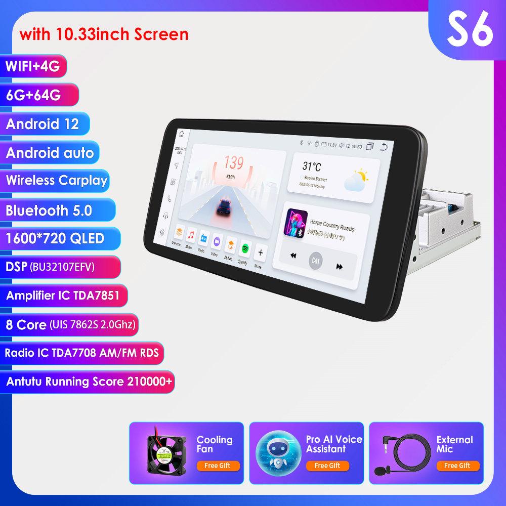 

10,33-дюймовая автомобильная магнитола Hizpo с вращением на 360° 1din Carplay S6 8Core 6G 64G AI