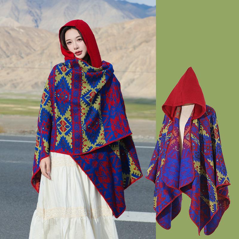 Yunnan Dali Ethnic Style Women's Warm Hooded Scarf Cloak