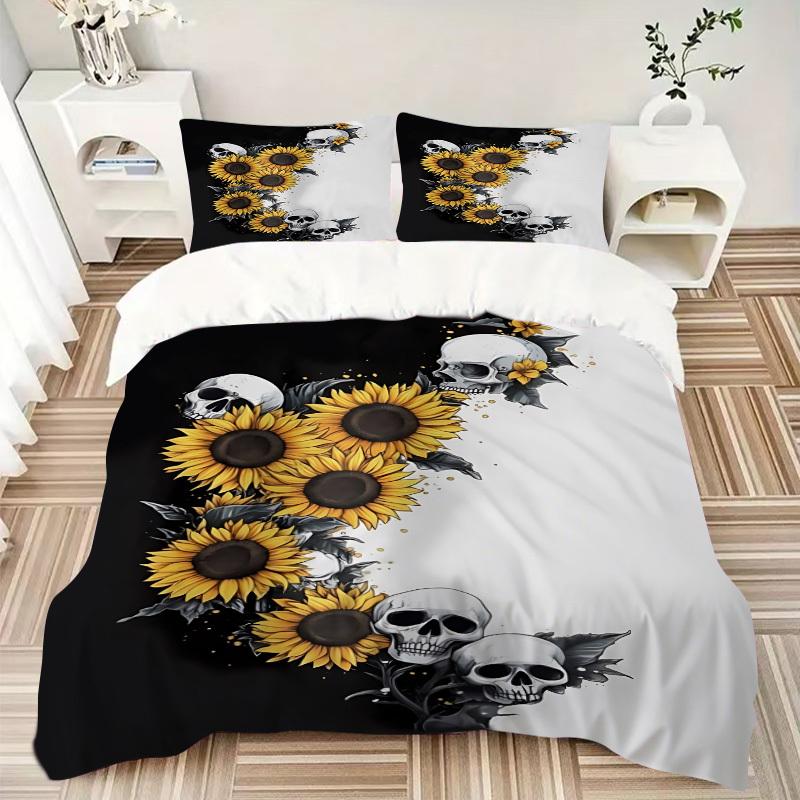 3pcs Skull Sunflower Design Duvet Cover Set - Machine Washable, Includes 1 Cover and 2 Pillowcases, No Core Included Yy251013143