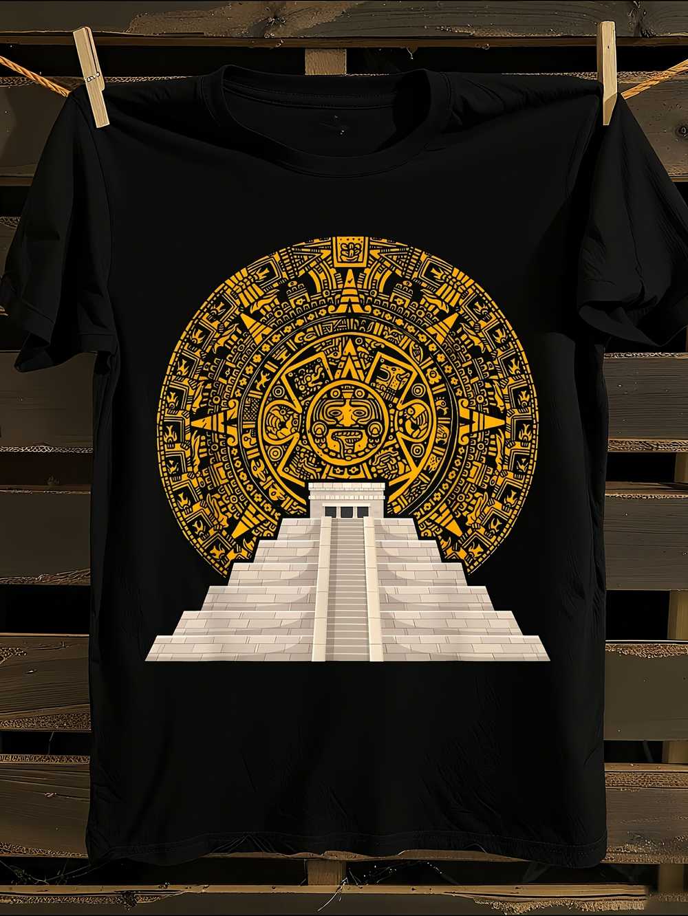 Ancient Mayan Aztec Calendar Pyramid T-Shirt L