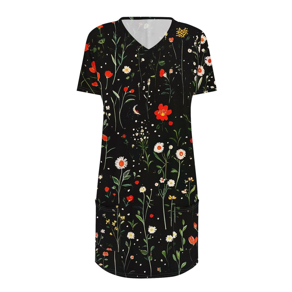 Damen Modisches Und Lässiges V-Ausschnitt Blumenmuster Mittellanges Taschen Kurzarm Oberteil