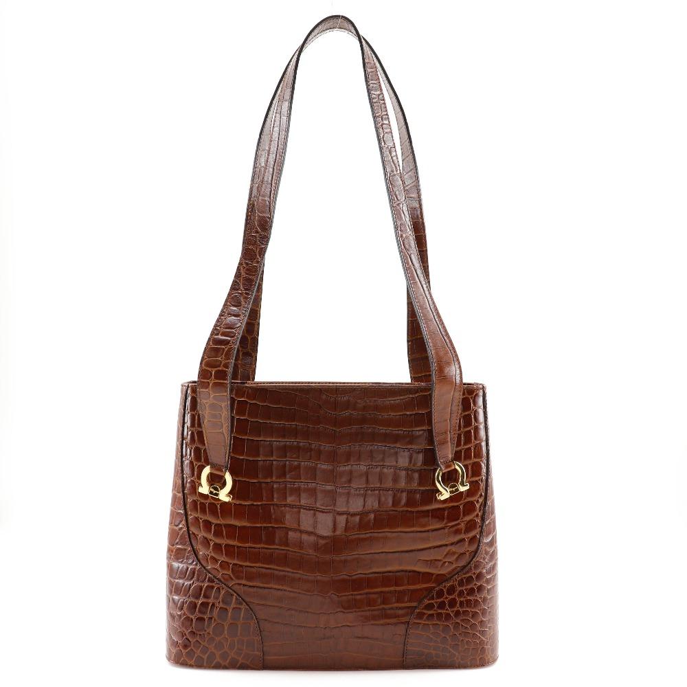 

Salvatore Ferragamo Gancini Shoulder Bag Brown Embossed Leather Women Used