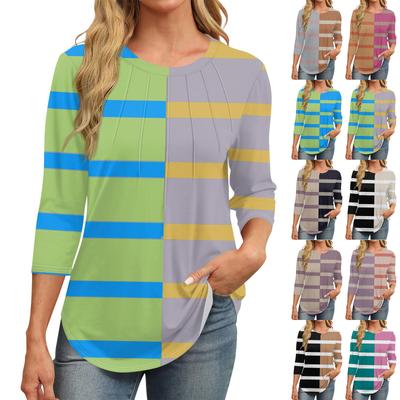 Damen Modisches Rundhals Siebenviertelarm Gestreift Bedruckt Lässig Basic Plissiertes T-Shirt Top