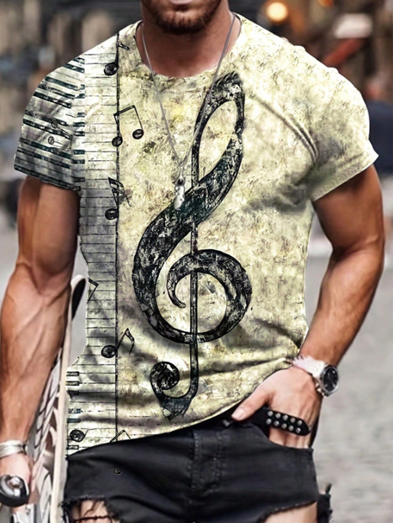 

Мужская футболка с коротким рукавом и принтом винтажных музыкальных нот на лето 5XL