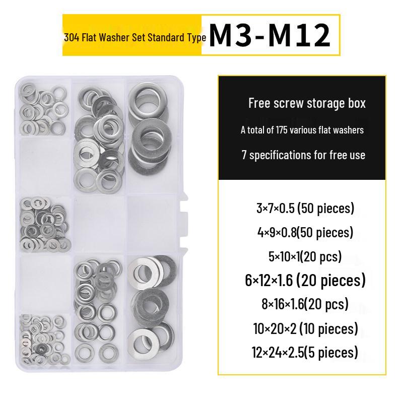 304 Stainless Steel Thickened Flat Washer Set, Sizes 2-36