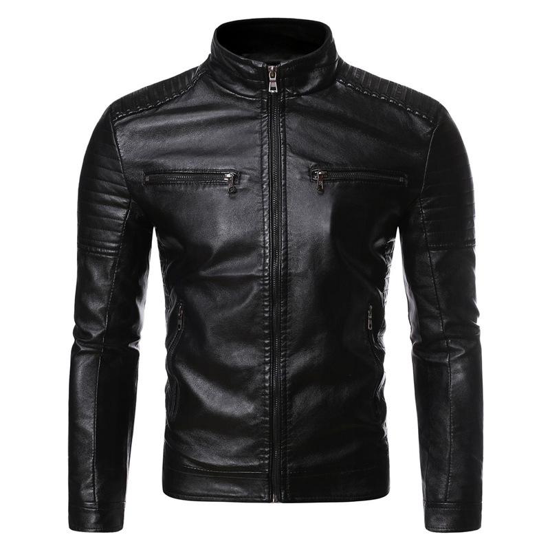 Men's Spring and Autumn Stand Collar Striped PU Leather Jacket Motorcycle Leather Jacket