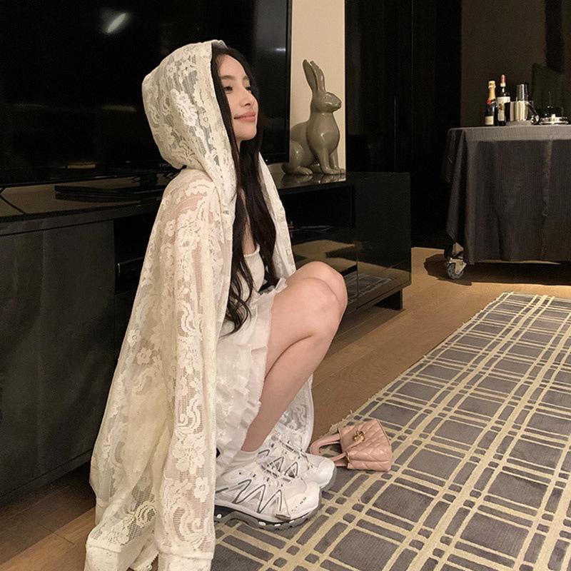 

Женский летний кардиган с капюшоном и кружевом - Повседневный свободный крой, Защита от солнца, Отпускной стиль Large