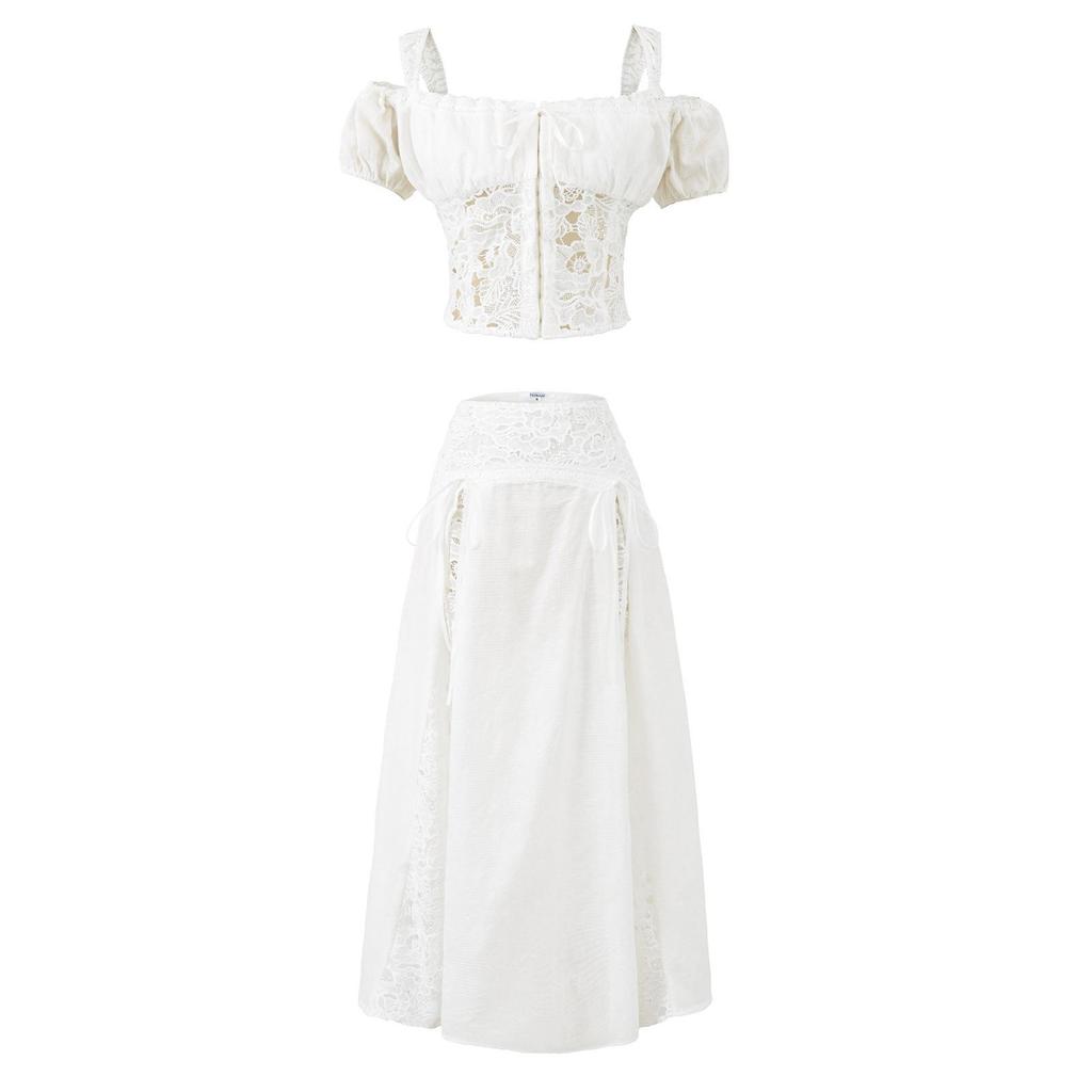 2025 Autumn Lace Patchwork Slim-fit Top & High-waisted Skirt Set