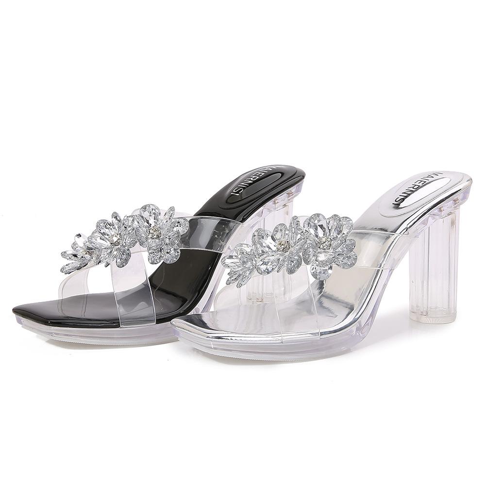 New women's rhinestone flower sandals foot cover transparent waterproof table banquet party sandals large size high heels