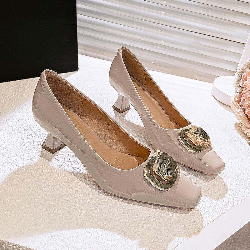 French light mouth single shoes women's middle heel 2025 new spring and autumn small heel square head shoes lady red high heels stiletto