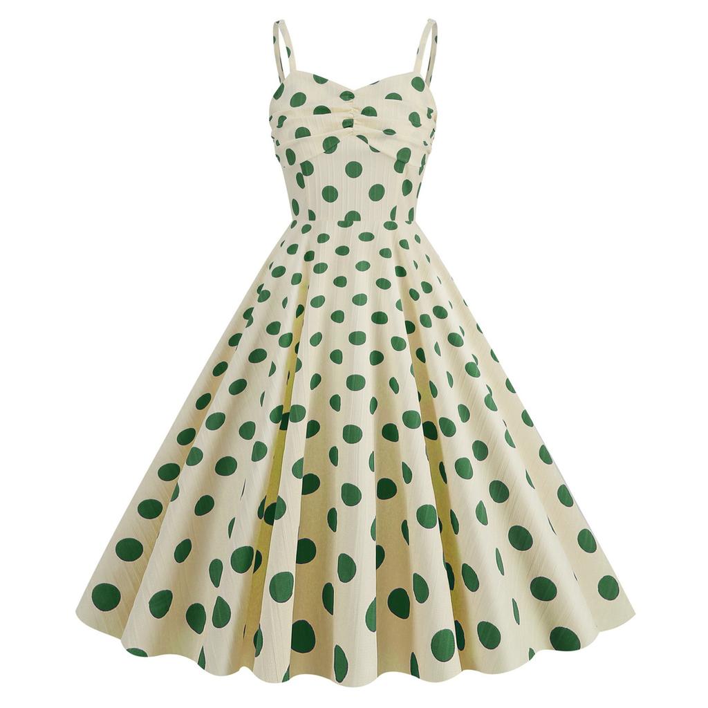 Women's  Retro Fresh Vacation Polka Dot Sling One-shoulder High Waist Medium And Long Hem Dress