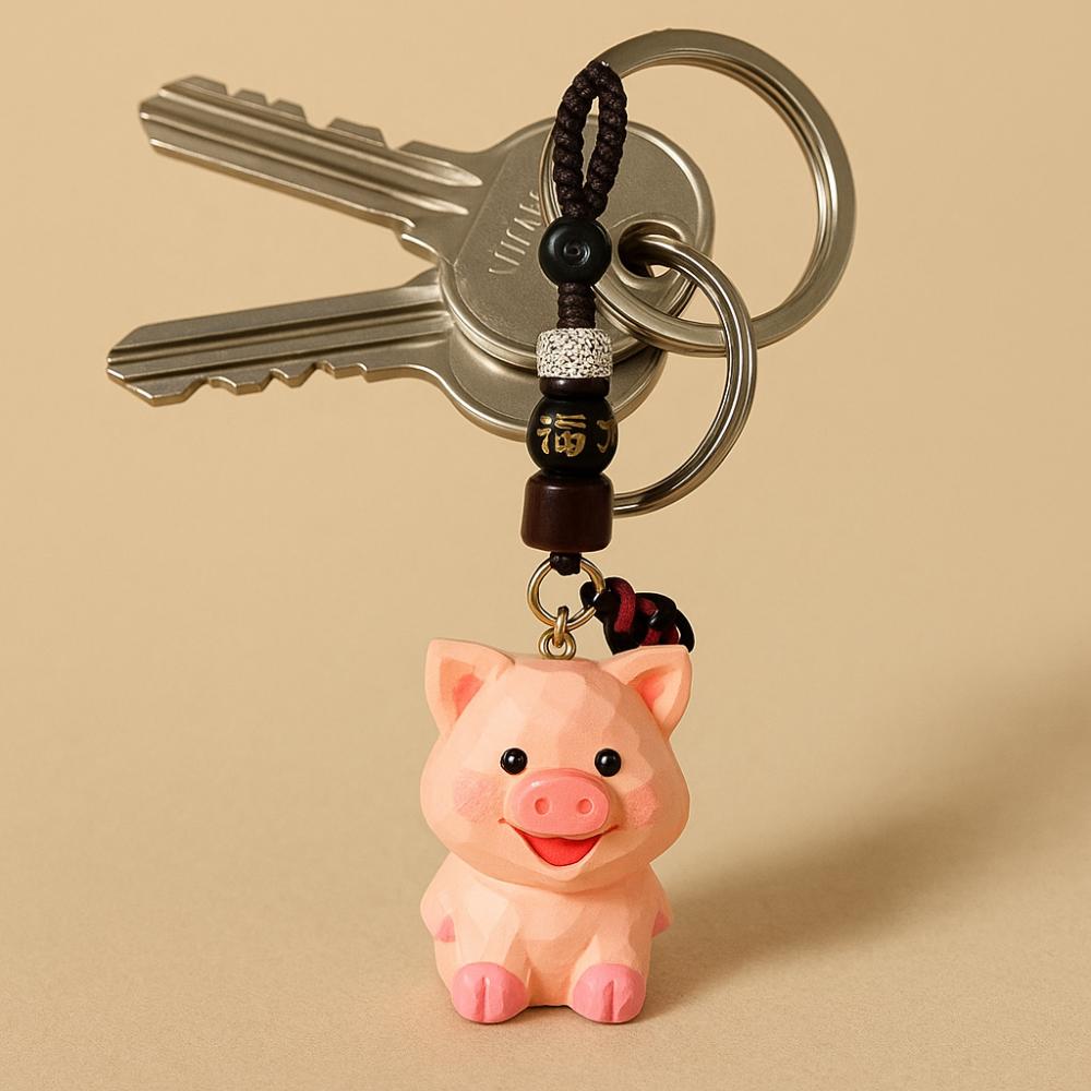 Flower Carved Pig Dolls Pendant Beads Car Keyring Funny Wooden Pig Keychain  Students