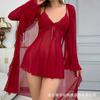 European and American large-size erotic underwear women's sexy mesh suspender nightdress loungewear robe set