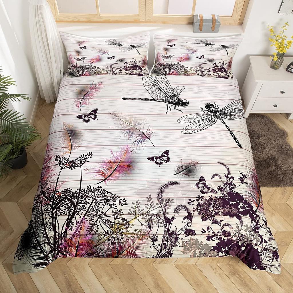 Comforter Colorful Dragonfly Women Kids Girls Floral Botanical Pattern Room Decor Bedding Set Queen King
