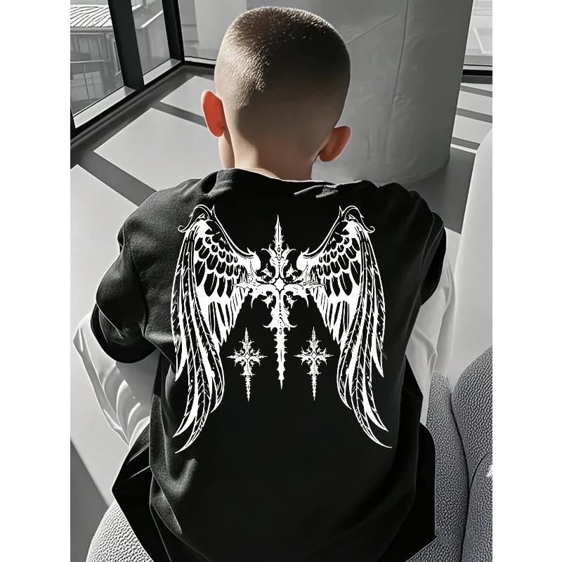 

European sizes Double-Sided Print Pattern of a Double-Winged Cross Badge, Stylish Print Short-Sleeve Casual T-Shirt for Boys 98cm чёрный