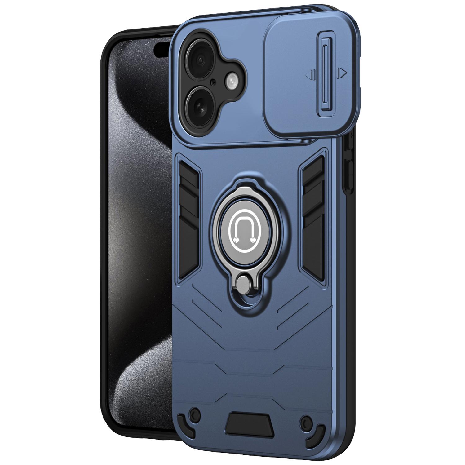 

For iPhone 16 Plus Case Slide Camshield Kickstand PC+TPU Phone Cover Blue