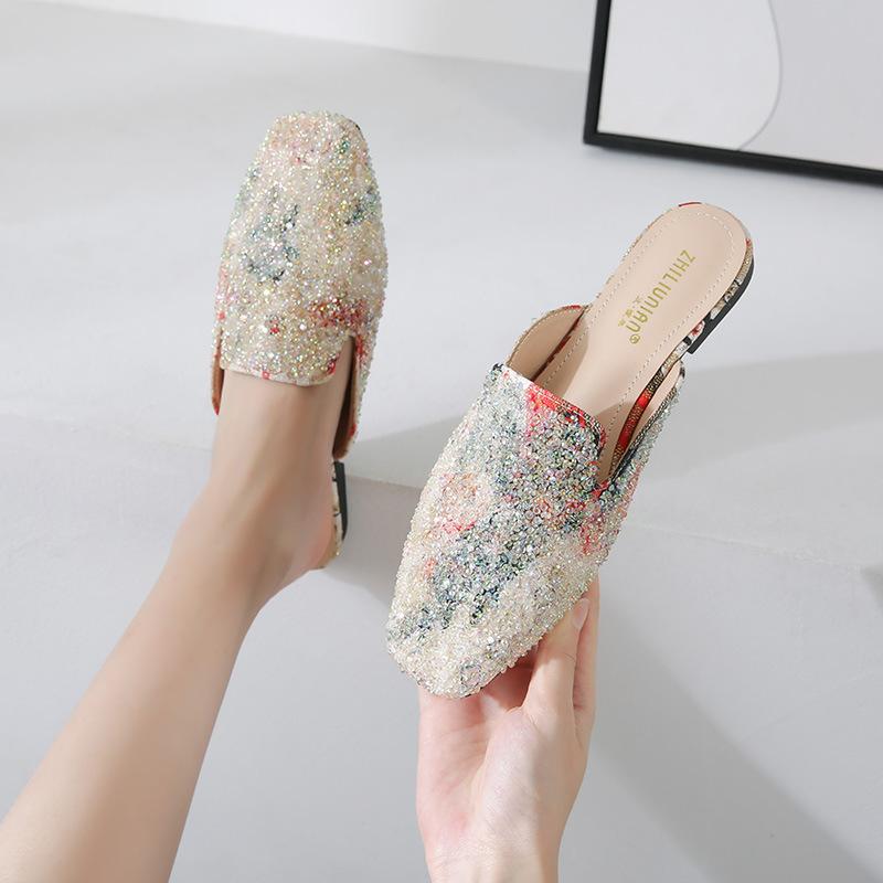 Fashion Celebrity Crystal Multicolor Mules Women Square Toe Slippers Summer Shoes Woman Sandals Flipflops Plus Size 40-43 Glitter Slides
