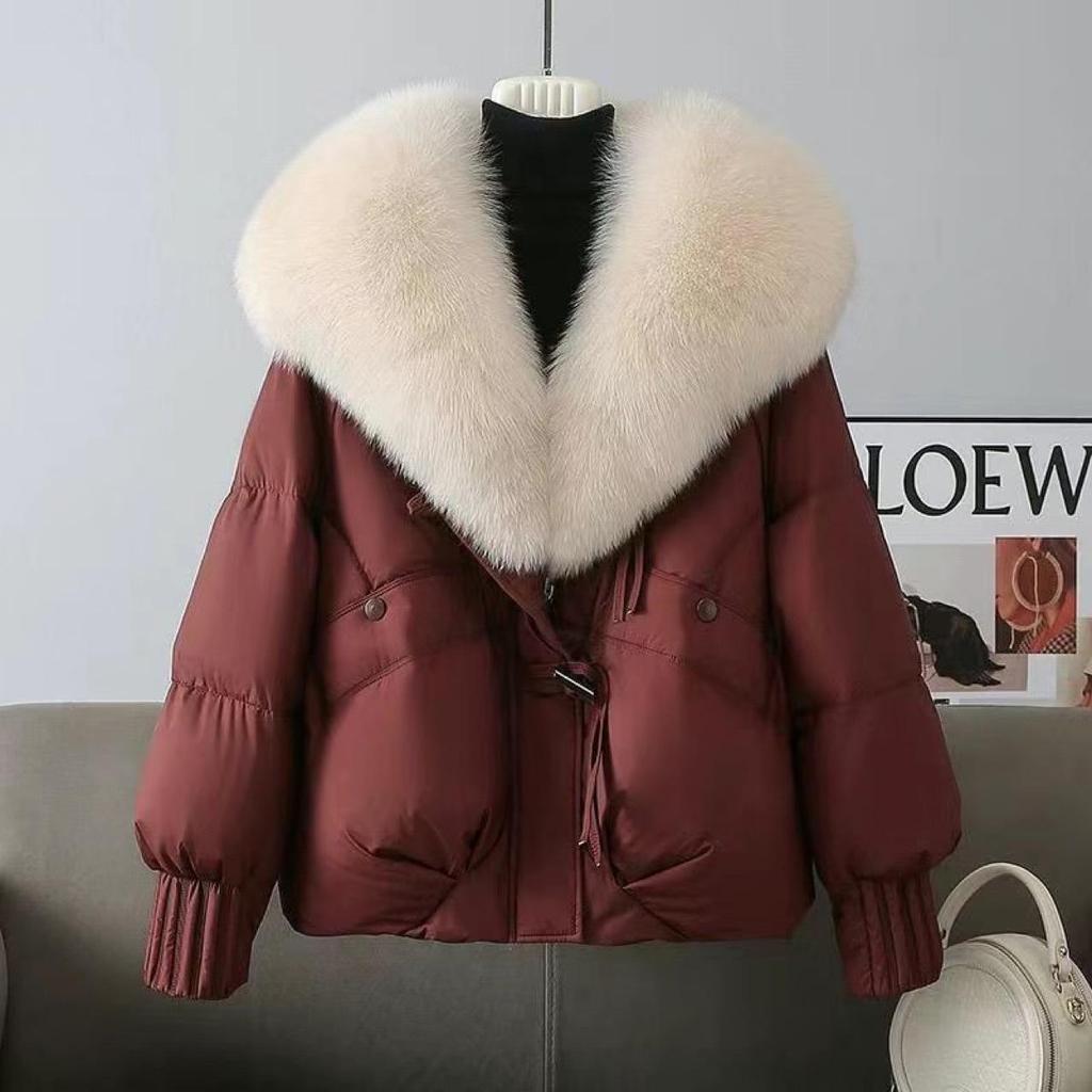 Kurze Damen-Pufferjacke mit luxuriösem Fuchsfellkragen, Warme Winter-Oberbekleidung
