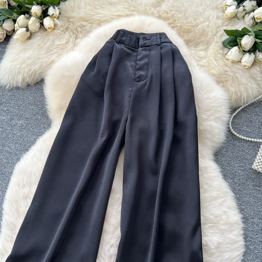 Summer Women Casual Smooth Satin High Waist Pant Trouser with Pocket for Girls