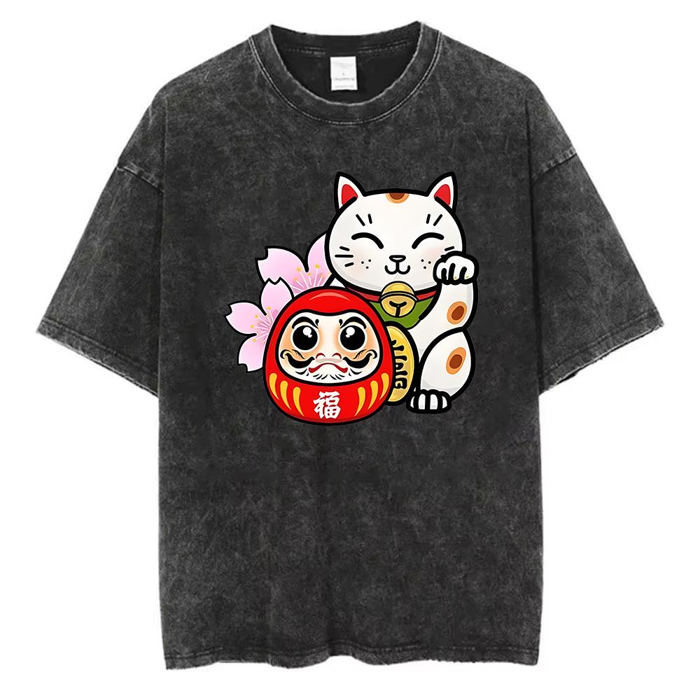 Funny Lucky Cat Graphic TShirt Washed Cotton Men Women Vintage Acid Wash Short Sleeve Retro Japanese Streetwear Tee S