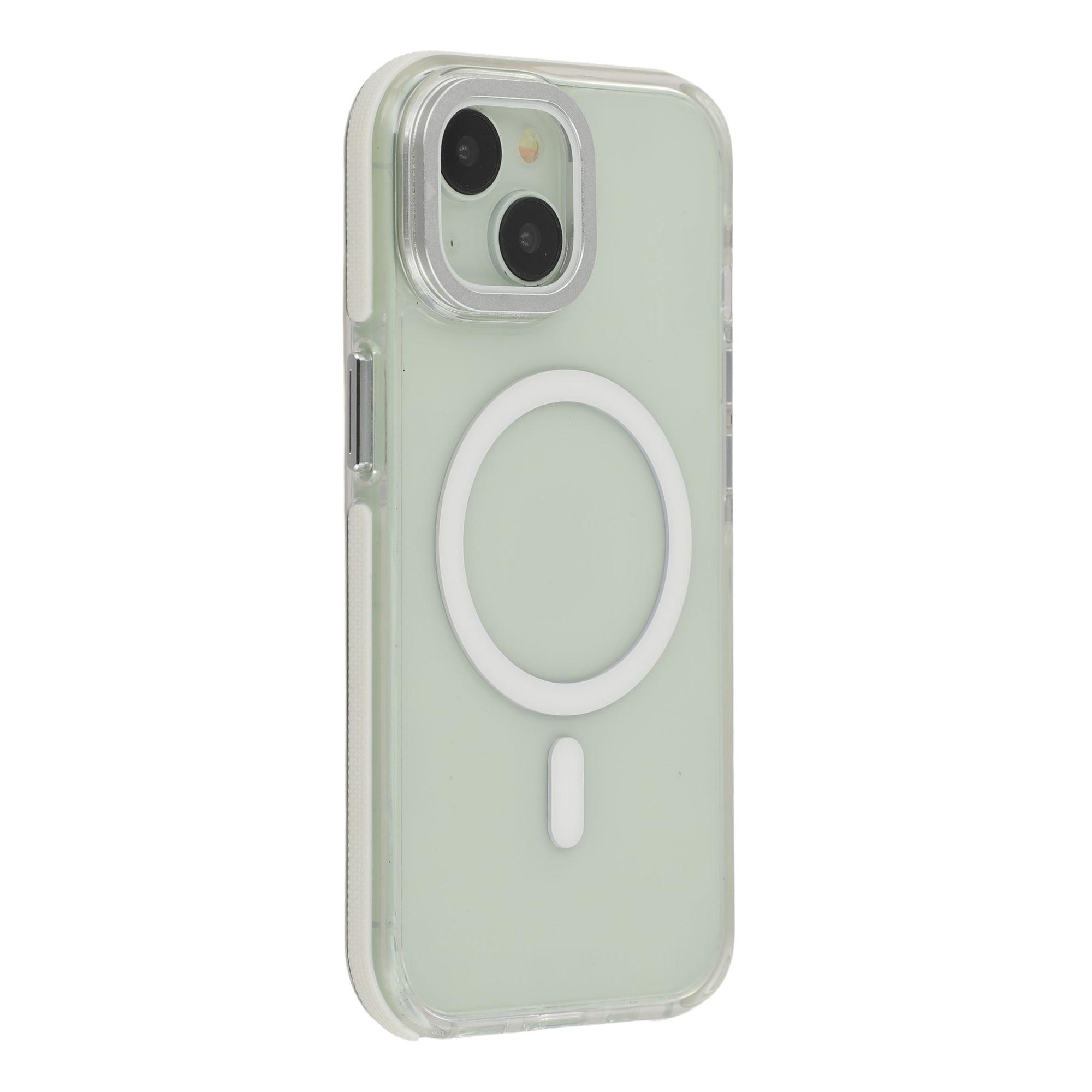 

For iPhone 15 Plus Magnetic Case TPU Acrylic Clear Phone Back Cover with Lens Protector Kickstand White