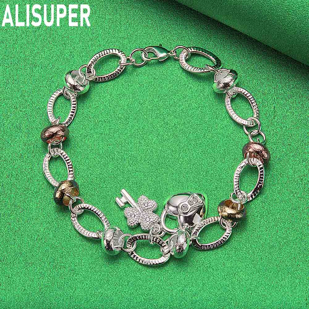 925 Sterling Silver Multi-Element Romantic Heart Side Chain Charming Bracelet Gift Jewelry