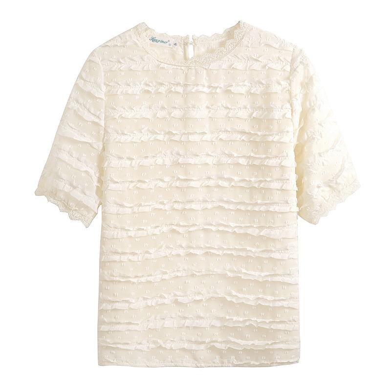 Solid Puff Sleeve Ruffled Lace Shirt Woman Round Neck Elegant Chiffon Blouse Women Slim Fit Sweet Casual Blouses Lady Tops 24191