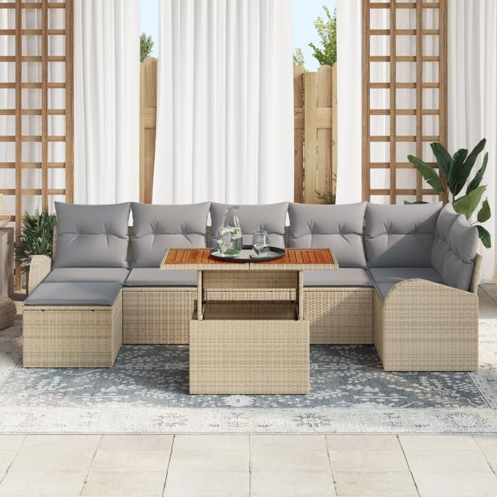 VidaXL Ensemble de salle à manger de jardin de 8 pièces avec coussins beige poly rattan acacia 3349615